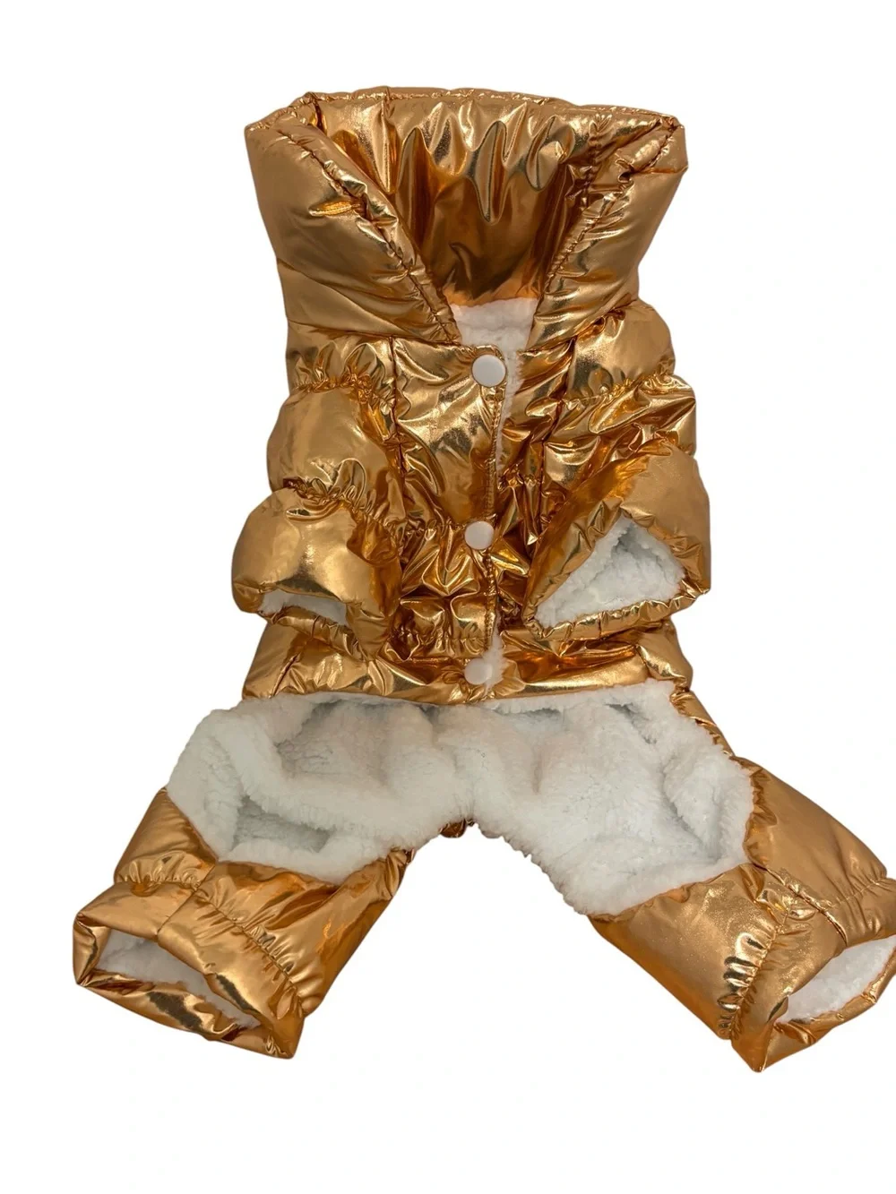 Metallic Gold Puffer Dog Coat with Full-Body Coverage. Size M
